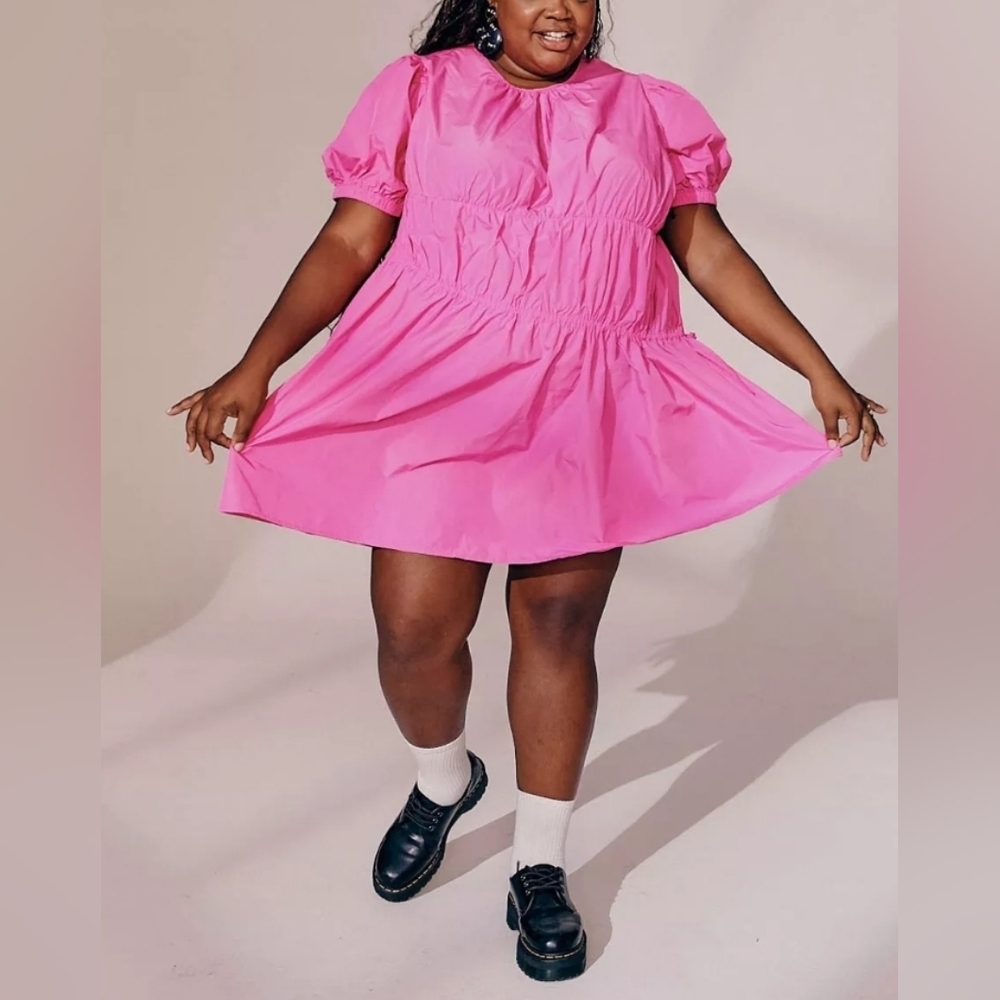 Puff Short Sleeve Drawcord Mini Dress Future Collective Pink Size 2X PTP:27"